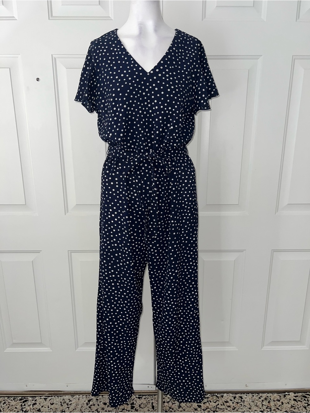 Enfocus Studio Navy Polka Dot V-Neck Wide-Leg Jumpsuit